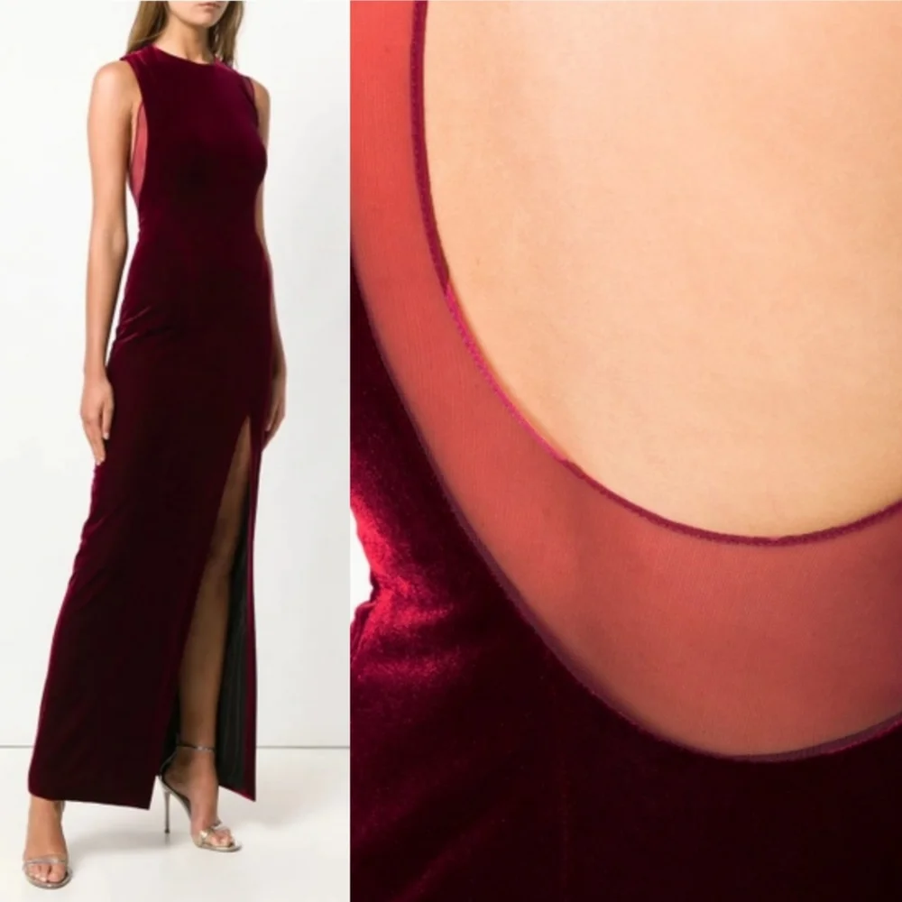 Galvan London Crescent Sheer Panel Thigh Split Velvet Wine Evening Gown Size 10 - Picture 9 of 17